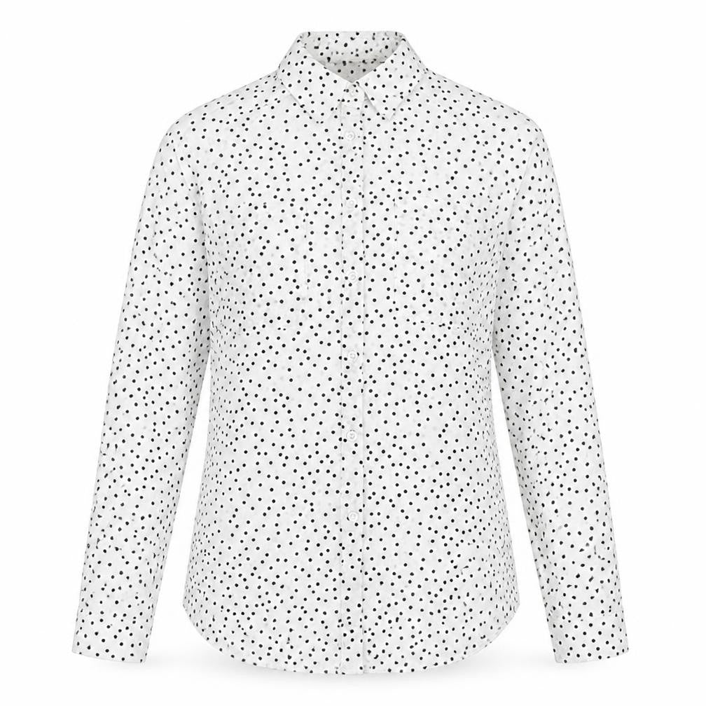Front view of Nasty Gal women’s white polka dot polyester basic button-up, size S, collared