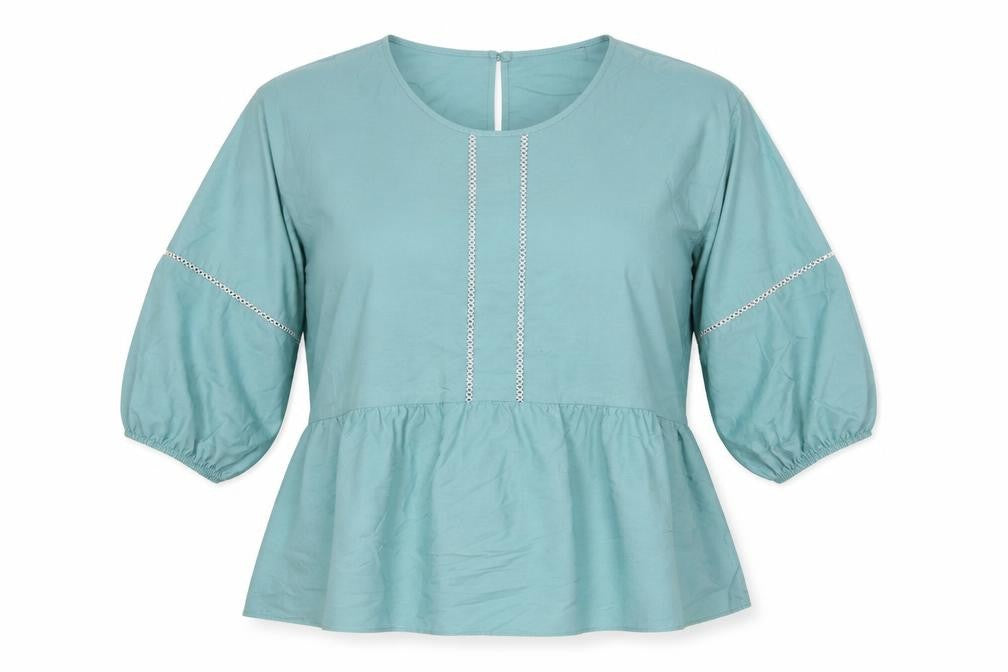 Front view of Marks & Spencer women’s blue cotton basic blouse, size UK 16, round neck - contrast stitching