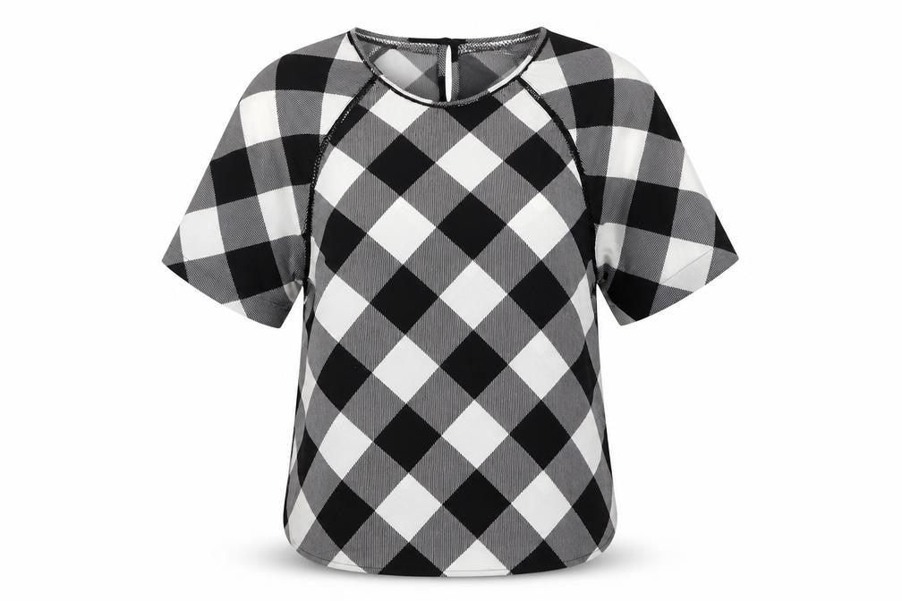 Front view of Marks & Spencer women’s black geometric polyester basic blouse, size UK 6, round neck