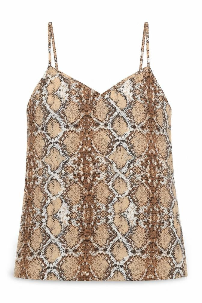 Front view of Marks & Spencer women’s brown geometric polyester basic tank, size UK 6, v-neck
