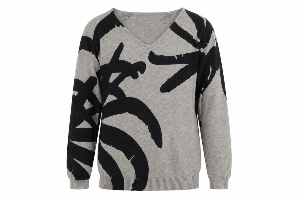Front view of Damod women’s grey v-neck viscose jumper, size L