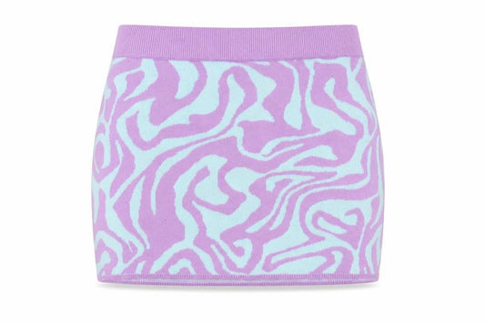 Front view of Motel Rocks women’s purple geometric viscose bandage skirt, size S