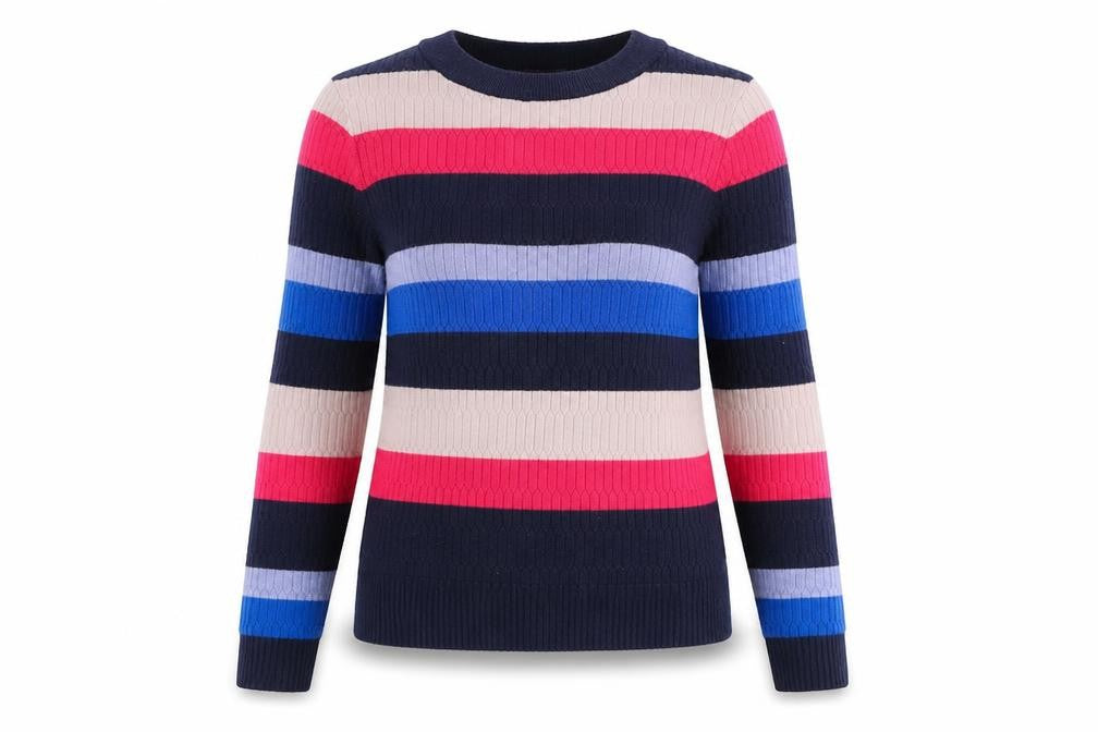 Front view of Marks & Spencer women’s blue round neck striped viscose jumper, size UK 10