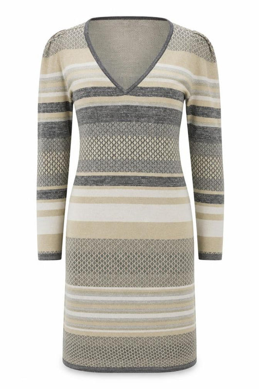 Front view of Patrizia Pepe women’s beige striped viscose jumper dress, size UK 6, v-neck pullover