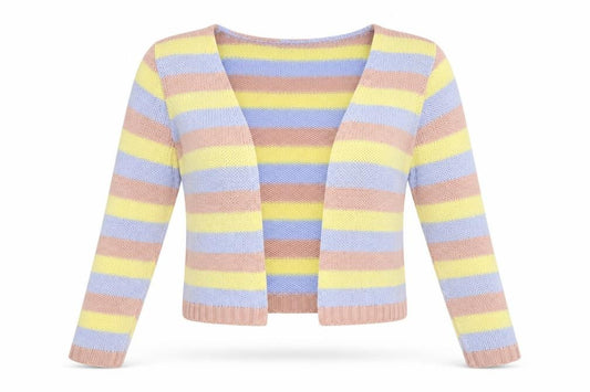 Front view of Boohoo women’s multicoloured v-neck striped acrylic cardigan jumper, size M
