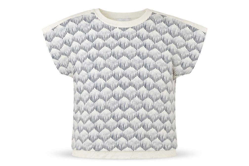 Front view of Next women’s blue geometric modal basic t-shirt, size S, round neck