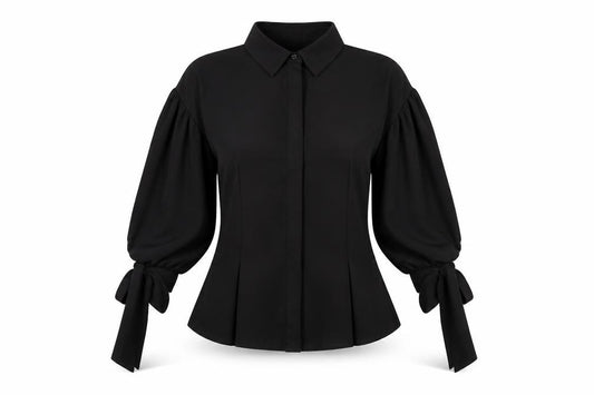 Front view of ASOS women’s black polyester basic button-up, size UK 8, collared - sleeve tie detail