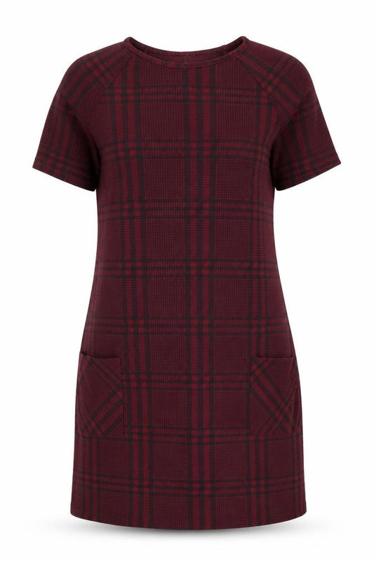 Front view of New Look women’s red plaid polyester shift, size UK 8, round neck pullover