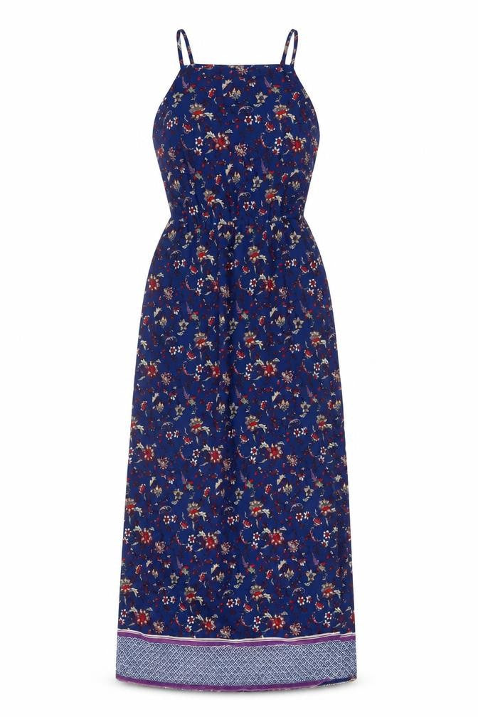 Front view of Divided women’s blue floral polyester slip dress, size UK 4, square neck button