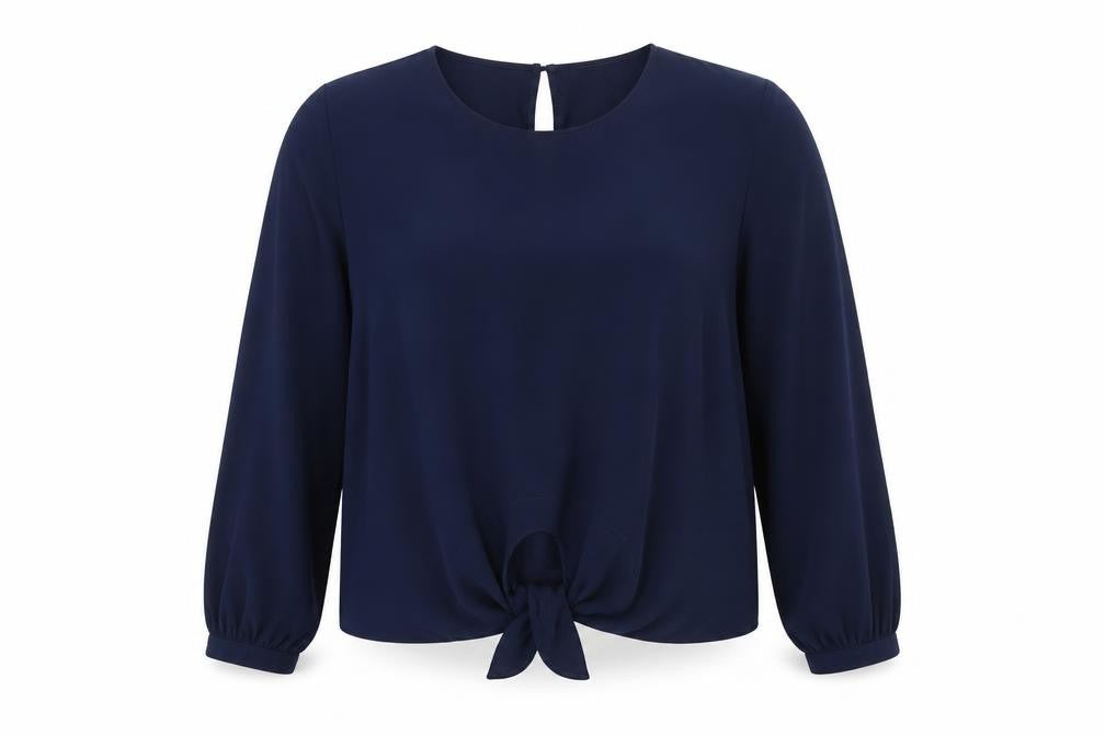 Front view of Basic Model women’s blue polyester basic blouse, size XL, round neck