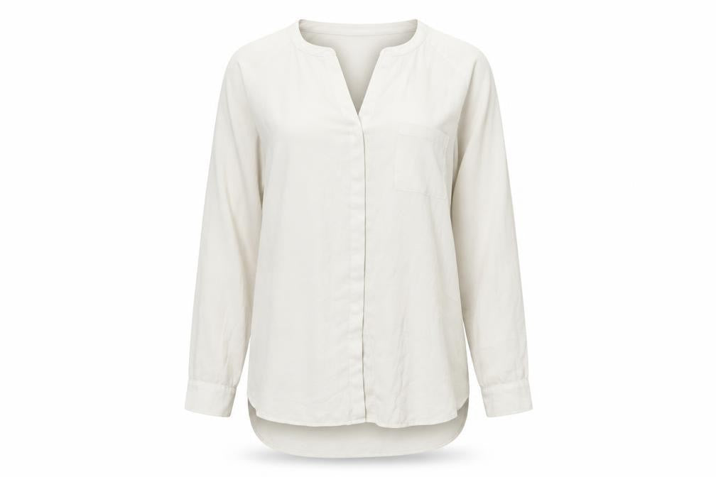 Front view of Rose & Olive women’s white polyester basic button-up, size L, v-neck