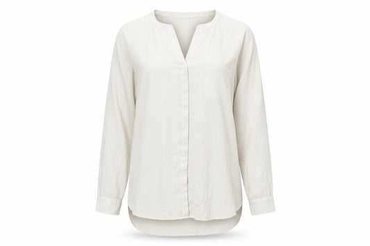 Front view of Rose & Olive women’s white polyester basic button-up, size L, v-neck