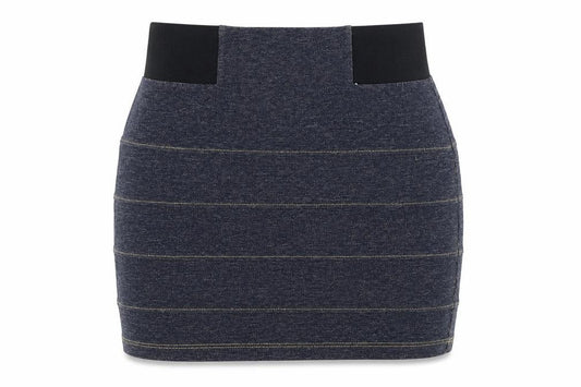 Front view of Topshop women’s blue striped cotton bandage skirt, size UK 10