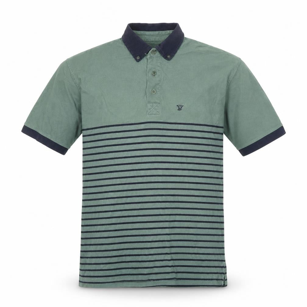 Front view of EWM men’s green striped 100% cotton polo, size M, collared button