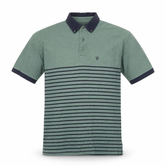 Front view of EWM men’s green striped 100% cotton polo, size M, collared button