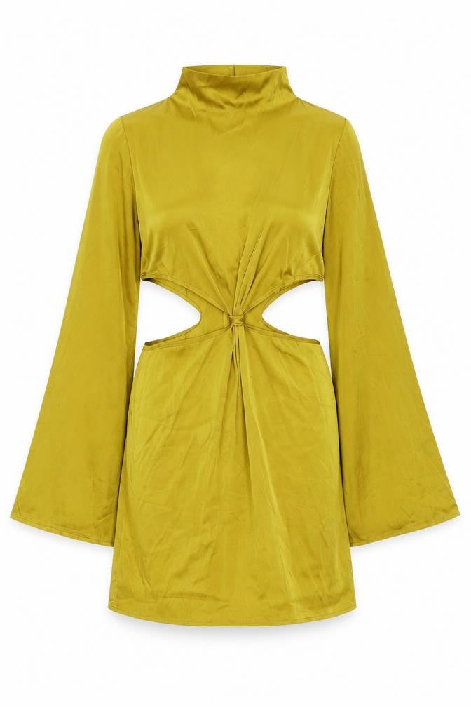 Front view of NANANA women’s yellow polyester sheath, size UK 12, mock neck zip
