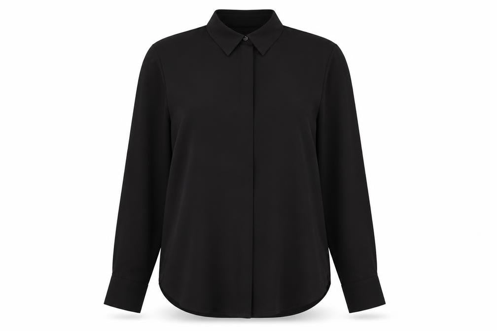 Front view of H&M women’s black polyester basic button-up, size UK 8, v-neck