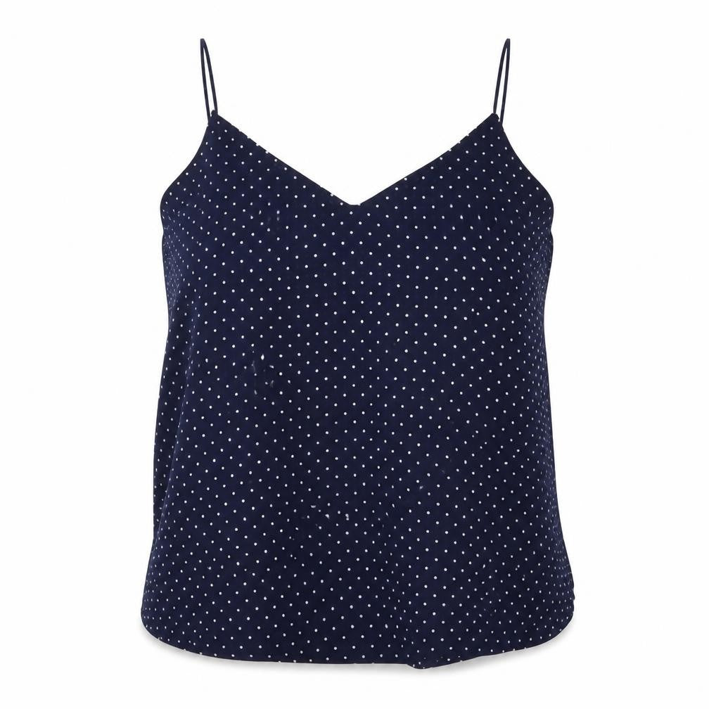 Front view of H&M women’s blue polka dot polyester cropped tank, size UK 14, v-neck