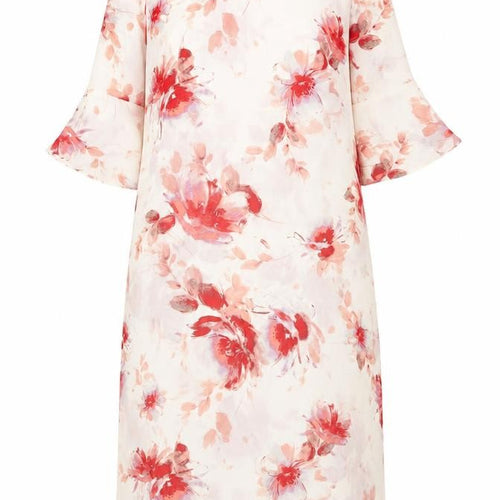 Damart Womens White Floral Polyester Sheath Size 14 Boat Neck Button - Flared Sleeves