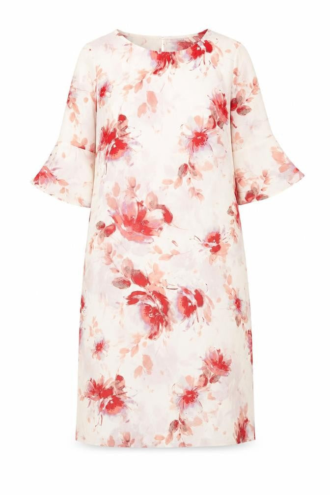 Damart Womens White Floral Polyester Sheath Size 14 Boat Neck Button - Flared Sleeves