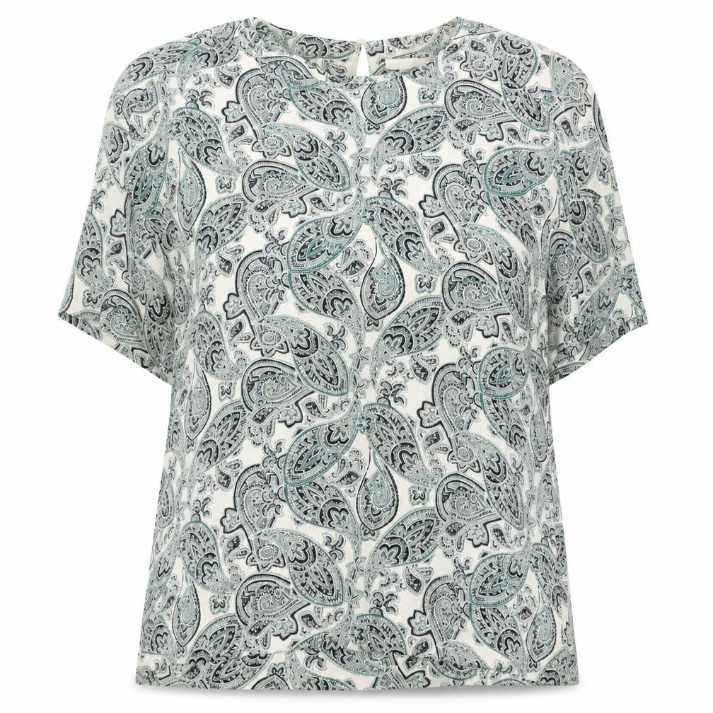 Front view of H&M women’s green herringbone viscose basic blouse, size UK 4, round neck
