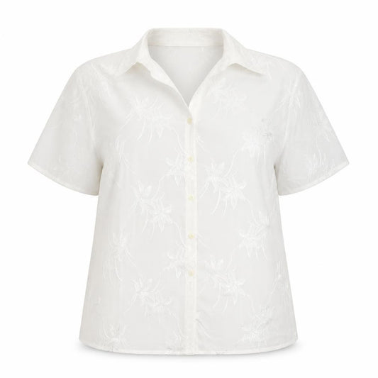 Front view of The Pearl Collection women’s white geometric polyester basic button-up, size UK 18, v-neck