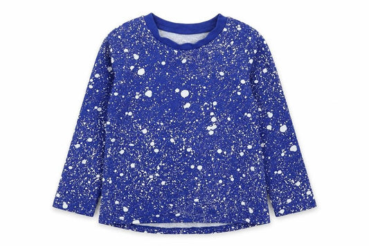 Front view of Studio girls’ blue geometric cotton basic t-shirt, size 3-4, years round neck pullover