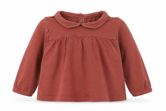 Front view of Tu girls’ red cotton basic t-shirt, size 6-9, months round neck snap