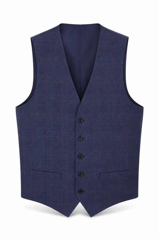 Front view of Marks & Spencer men’s blue plaid polyester jacket suit waistcoat, size 38, regular