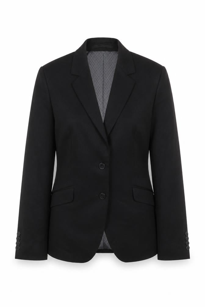 Front view of Preworn women’s black viscose jacket suit, size UK 12