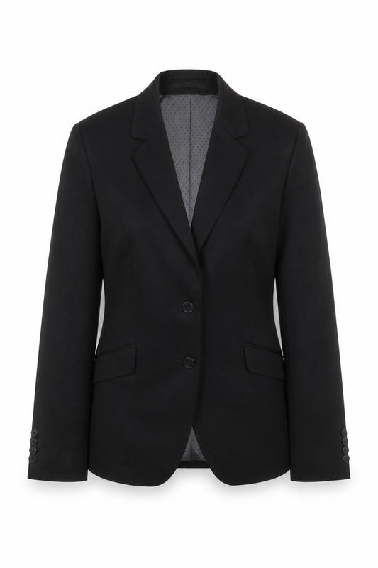 Front view of Preworn women’s black viscose jacket suit, size UK 12