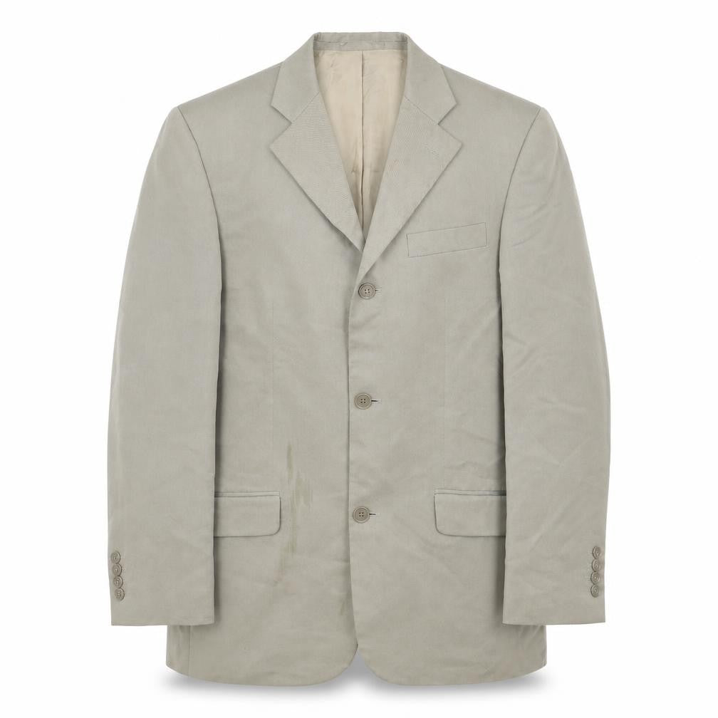 Front view of River Island men’s beige patent leather jacket blazer, size 38, regular