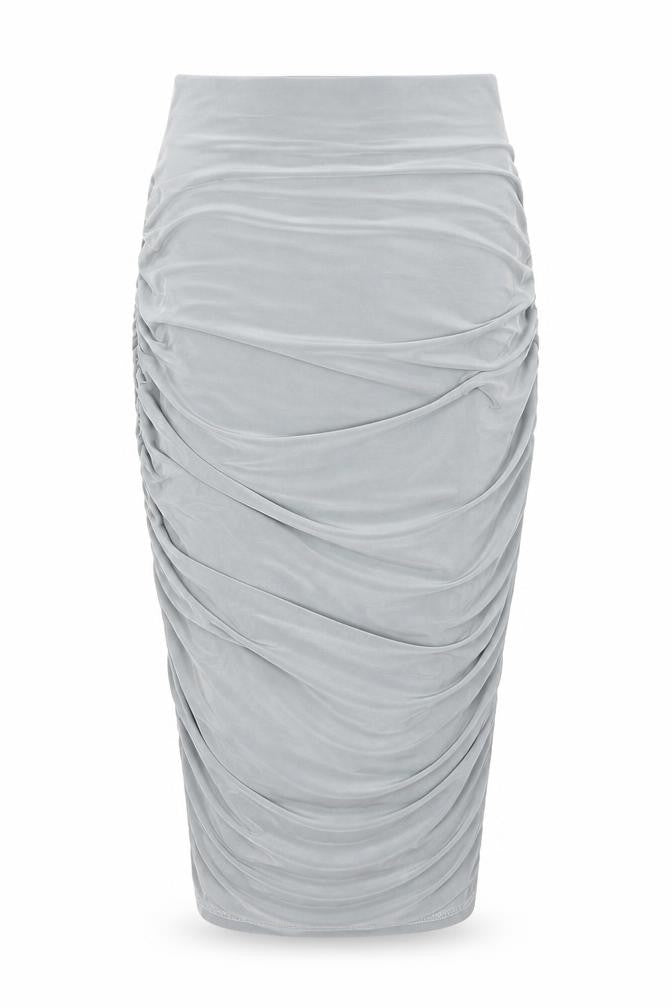 Front view of Nikka women’s grey polyester bandage skirt, size UK 10