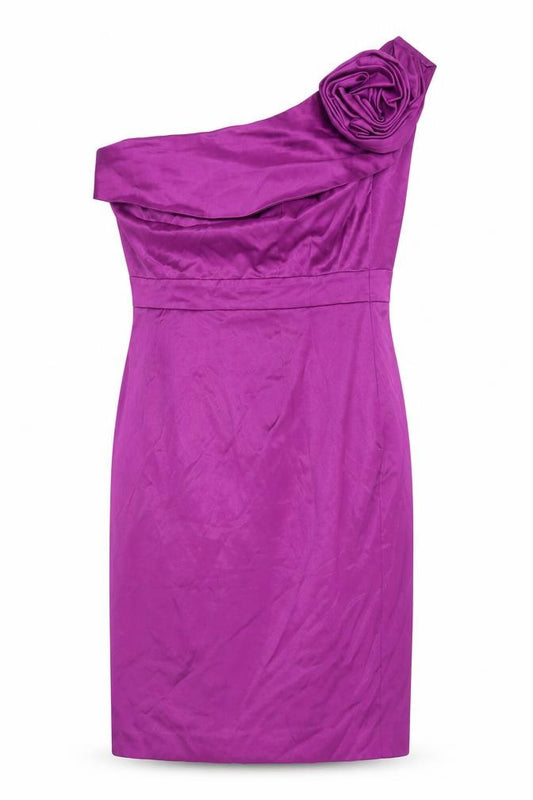 Front view of Next women’s purple polyester pencil dress, size UK 12, one shoulder zip - flower detail