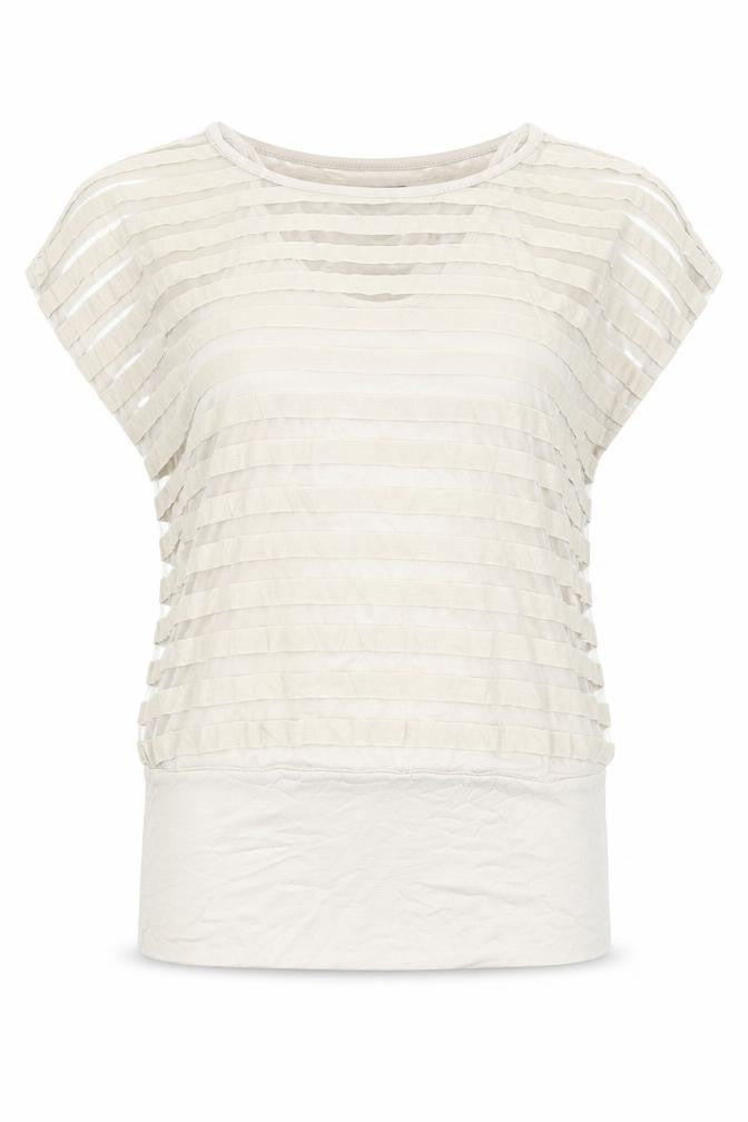 Front view of Apricot women’s beige striped polyester basic blouse, size S, boat neck