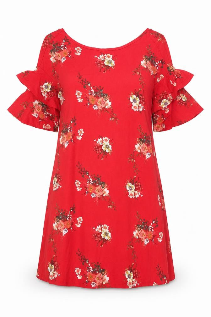 Front view of George women’s red floral viscose a-line, size UK 8, boat neck pullover