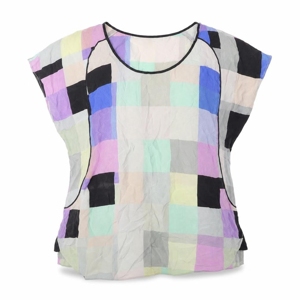Front view of Country Road women’s multicoloured geometric polyester basic blouse, size XS, round neck