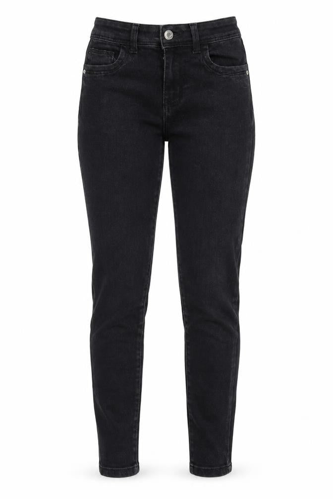 Front view of Denim & Co. women’s black cotton straight jeans, size UK 4, regular zip