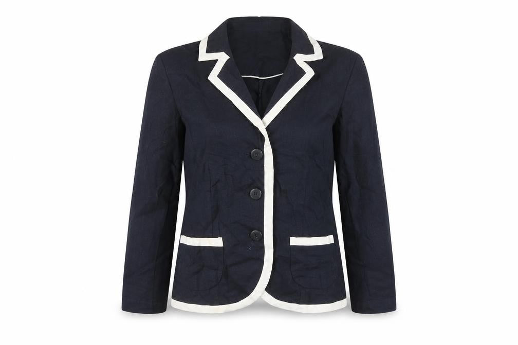Front view of Epilogue women’s blue striped jacket blazer, size UK 10, button