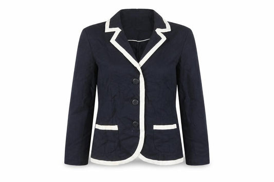Front view of Epilogue women’s blue striped jacket blazer, size UK 10, button
