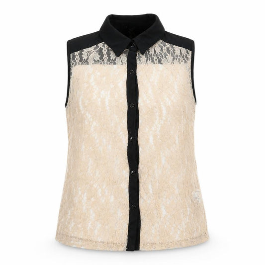 Front view of Atmosphere women’s beige floral nylon basic button-up, size UK 14, collared