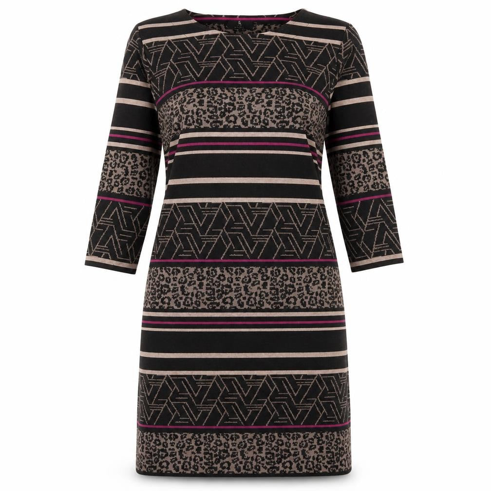 Front view of Brandtex women’s black geometric polyester sheath, size L, round neck pullover