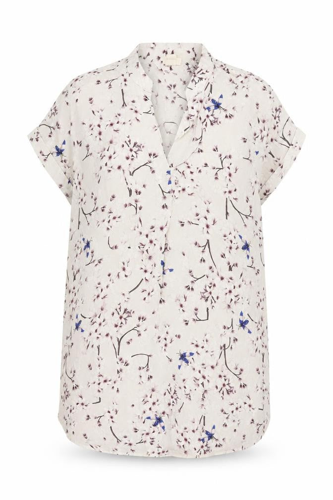 Front view of H&M women’s beige floral viscose shift, size UK 8, v-neck pullover
