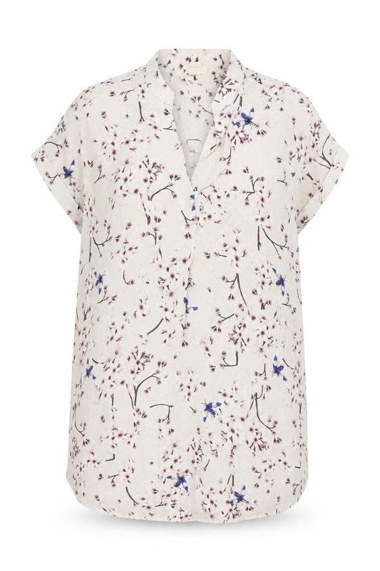 Front view of H&M women’s beige floral viscose shift, size UK 8, v-neck pullover
