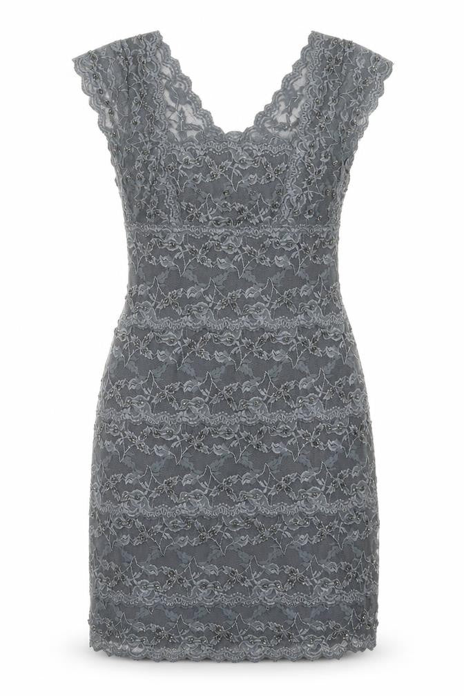 Front view of Onyx Nite women’s grey herringbone polyester pencil dress, size UK 12, v-neck pullover