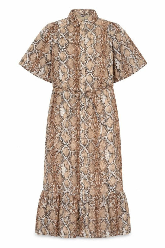 Front view of Marks & Spencer women’s brown animal print polyester shirt dress, size UK 8, collared button - snake skin print