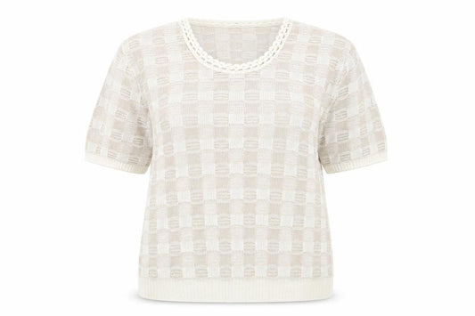 Front view of Moonlight women’s beige geometric 100% cotton basic t-shirt, size L, round neck
