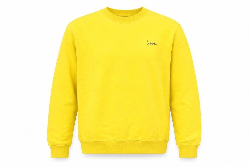 Front view of H&M men’s yellow cotton pullover sweatshirt, size M, - love