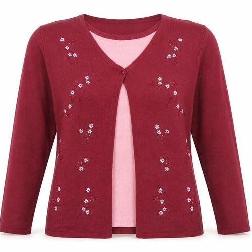 Bonmarché Womens Red Round Neck Floral 100% Cotton Cardigan Jumper Size S - Twin Set