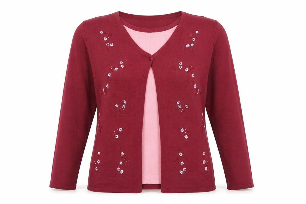 Bonmarché Womens Red Round Neck Floral 100% Cotton Cardigan Jumper Size S - Twin Set